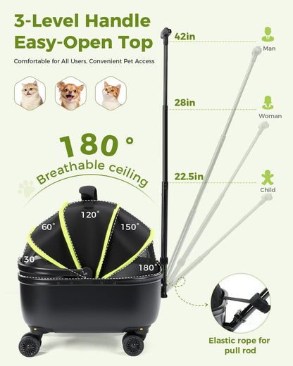 Lekereise Cat Carrier with Wheels (Black), 180° Wide Open Rolling Cat Carrier for Outdoor Adventures, Silent Wheels & Hard Bottom for Park/Camping, Portable Pet Travel Carrier for Cats Up to 15 lbs