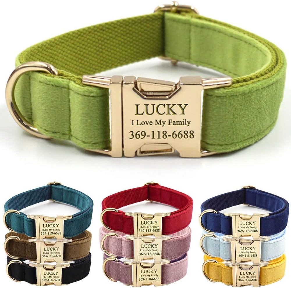 PETDURO Custom Dog Collar Personalized with Name Engraved Quick Release Rose Gold Metal Buckle for Large Medium Small Girl Dogs - Dog Leash and Bow Tie Available - Soft Comfy Velvet (Green, L)
