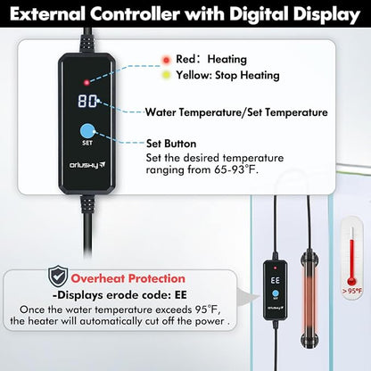 Orlushy 50W Submersible Mini Fish Tank Heater, Adjustable Aquarium Heater with Digital Display External Controller, Overheat Protection and Free Thermometer for 5-10 Gallon Freshwater & Saltwater Tank
