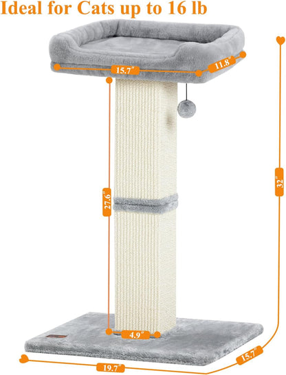 32" Cat Scratching Post for Indoor Cats, Sisal Cat Scratcher with Plush Perch, Large Scratch Post with Bed, Removable Cover, Sisal Fabric,Light Grey