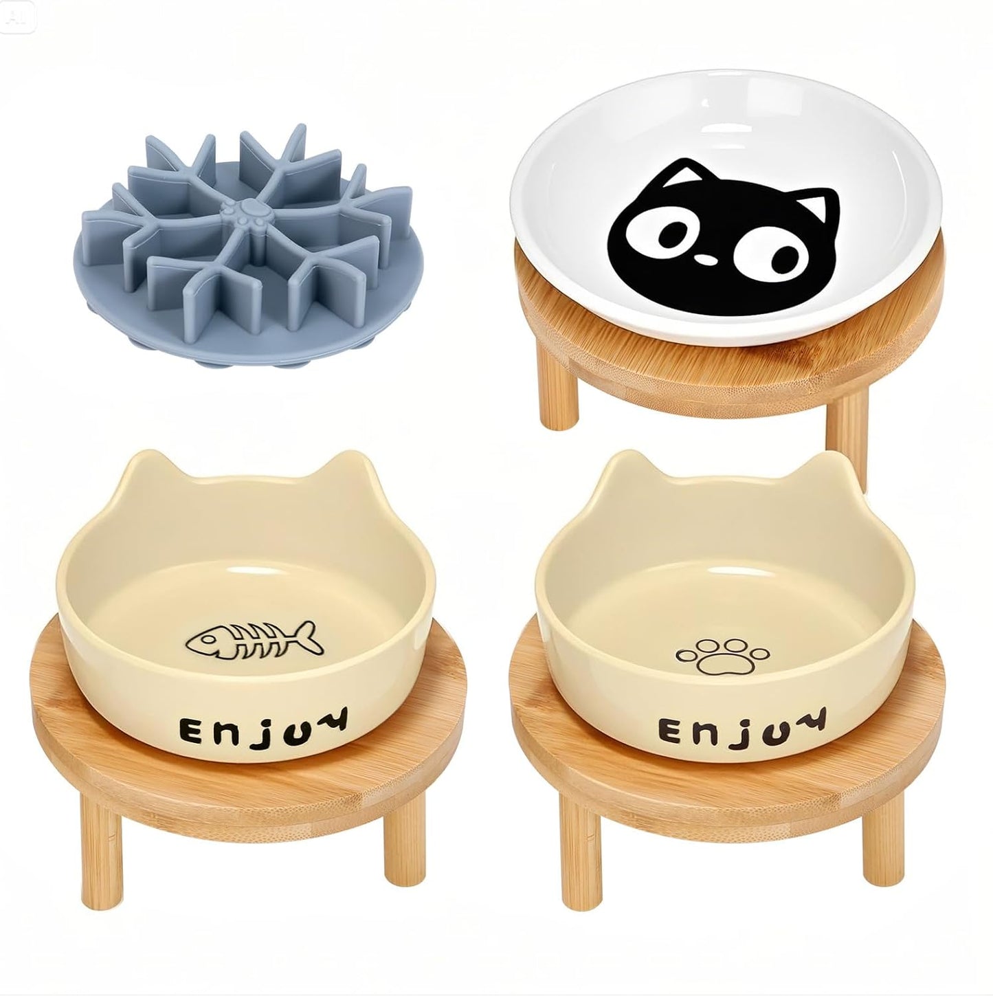 3PCS Elevated Cat Bowls,Wide Raised Ceramic Pet Dishes with Bamboo Stand, Whisker Friendly Pet Water or Food Plates Feeding Station for Indoor Small Dogs, Kitten (Yellow(3PCS))