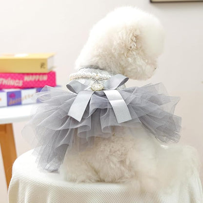 ANIAC Gray Dog Dress for Small Dogs Female,Bow Knot Girl Puppy Clothes with Detachable Pearl Necklace, Elegant Cat Dress, Formal Pet Pary Outfit for Wedding Birthday Valentines (Gray, Medium)