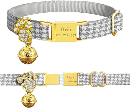 Personalized Breakaway Cat Collars - Magnetic Buckle, Bell - Safety Quick Release, Customized for Girls & Boys Cats- (Houndstooth-Grey)