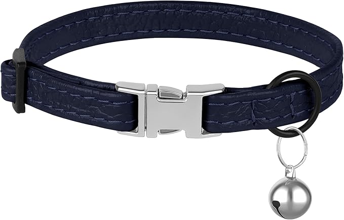 Leather Cat Collar with Buckle and Removable Bell - Non Breakaway Adjustable Soft Safety Small Pet Collars for Girl Boy Cats Kitten (Navy Blue)