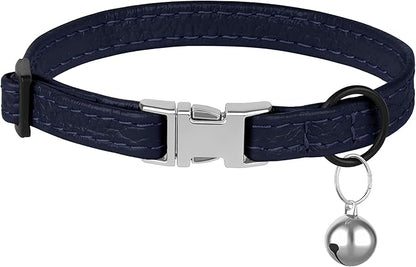 Leather Cat Collar with Buckle and Removable Bell - Non Breakaway Adjustable Soft Safety Small Pet Collars for Girl Boy Cats Kitten (Navy Blue)