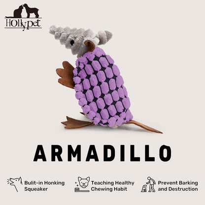 Hollypet Plush Dog Squeaky Toy Stuffed Armadillo Animal Pet Puppy Chew Toys with Clean Teeth for Small Medium Large All Breed Sizes Dogs, Purple, 6 in