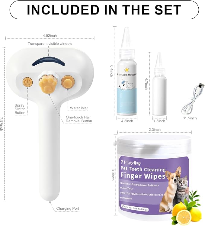 Pet Steam Brush for Dog & Cat – 3-in-1 Spray Hair Removal Comb for Shedding & Grooming – Water Brush for Long & Short Haired Pets – Includes Waterless Shampoo & Dental Wipes