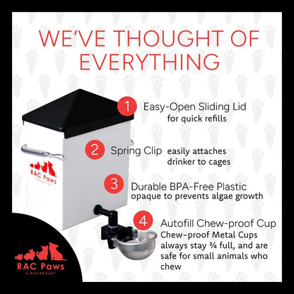 RAC Paws by RentACoop 64oz(2L) Small Animal Drinker with Auto-Fill Metal Cup - Suitable for Small Pets, Bunnies, Hamsters, Guinea Pigs, Rabbits, Chinchillas, Mice and Rats