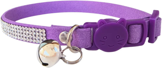 Rhinestone Cat Collar Breakaway with Bell Safety Buckle, Adjustable Diamond Girl Boy Kitty Cute Comfy Collar for Kitten Tiny Little Pets Rabbits, 6"-9" Purple Extra Small