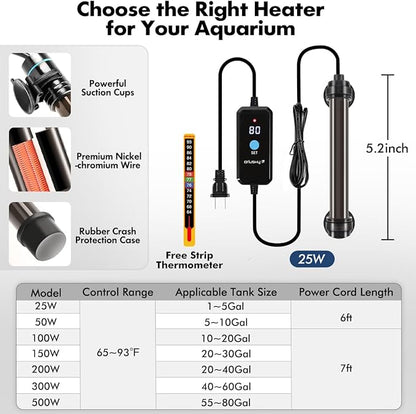 Orlushy 25W Submersible Mini Fish Tank Heater, Adjustable Aquarium Heater with Digital Display External Controller, Overheat Protection and Free Thermometer for 1-5 Gallon Freshwater & Saltwater Tank