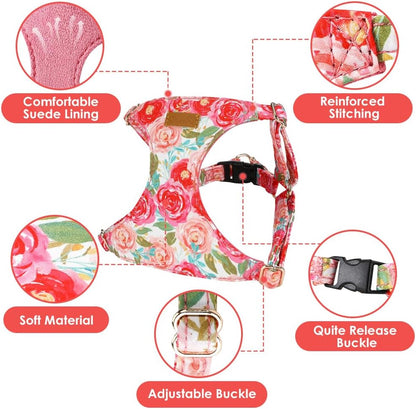 SlowTon No Pull Dog Harness with Leash - Soft Lightweight Floral Pattern Puppy Harness, Adjustable Pet Harness for Small Medium Dogs (Pink Rose XXS)