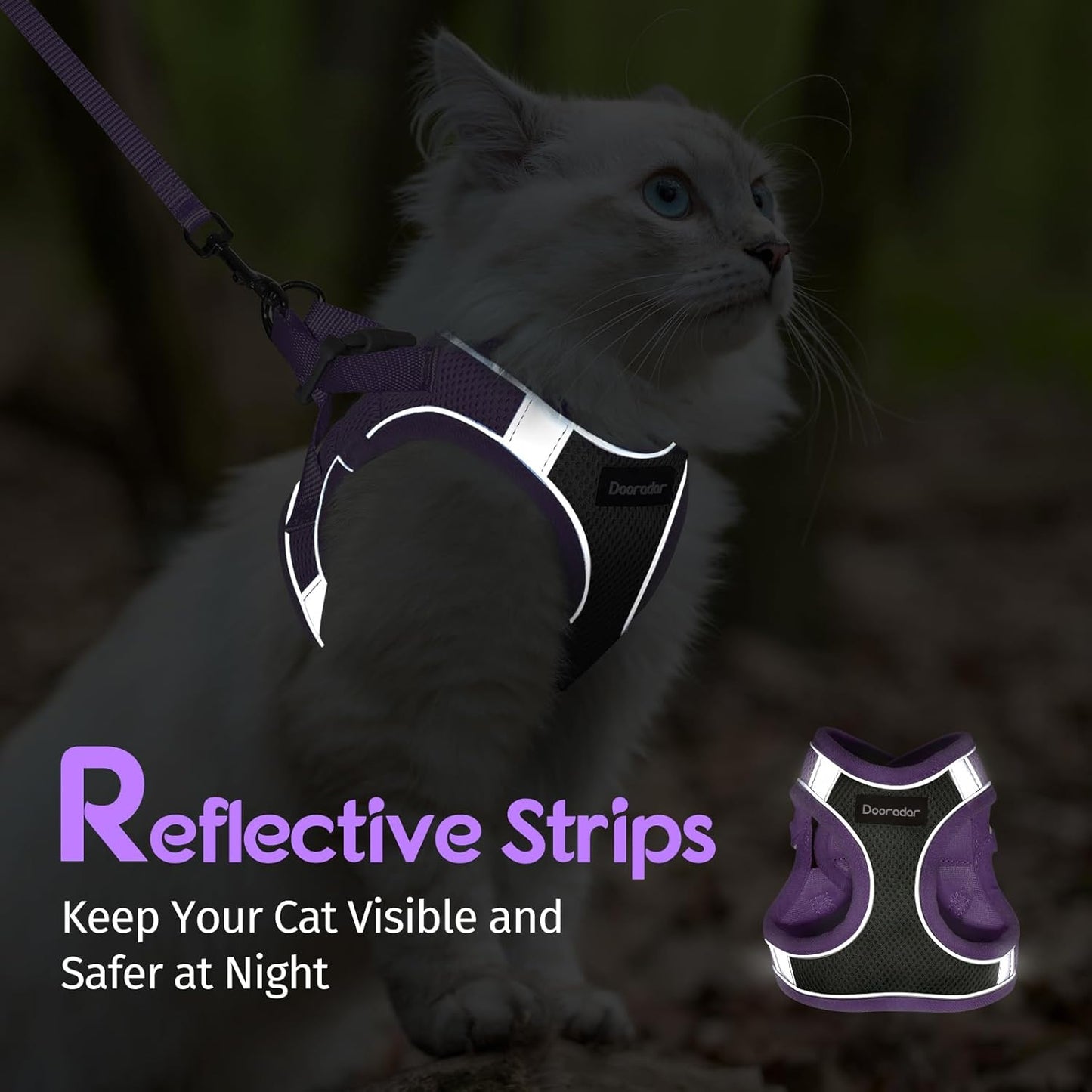 Dooradar Cat Harness and Leash Set, Escape Proof Lightweight Kitten Harness, Soft Breathable Reflective Vest for Outdoor Walking Traveling, Adjustable for Small Cats, Grey & Purple, S