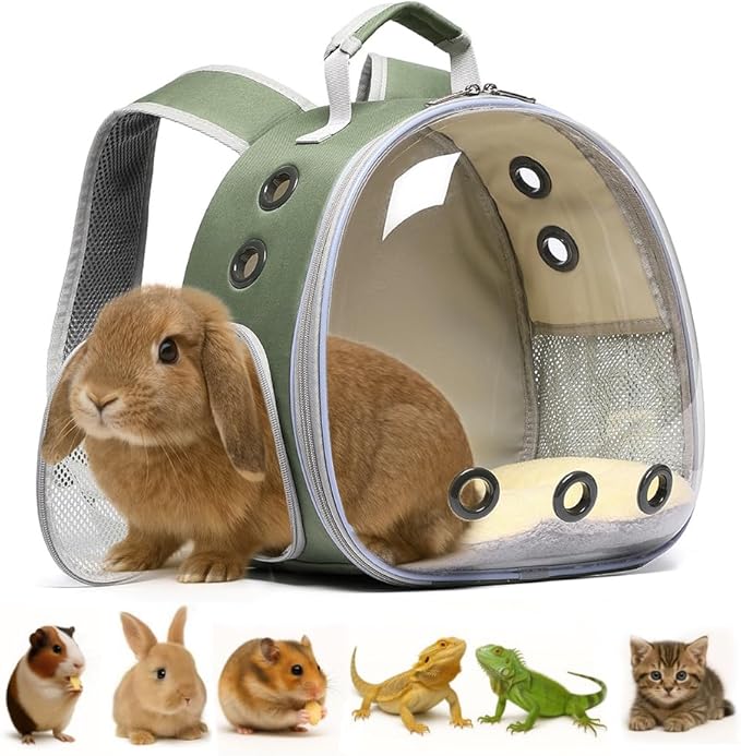 Bunny Carrier, Guinea Pig Carrier,Small Animal Carrier Backpack for Rabbit,Bearded Dragon, Lizard,Hamster,Kitten. Breathable Pet Travel Cage Bag (Army Green)