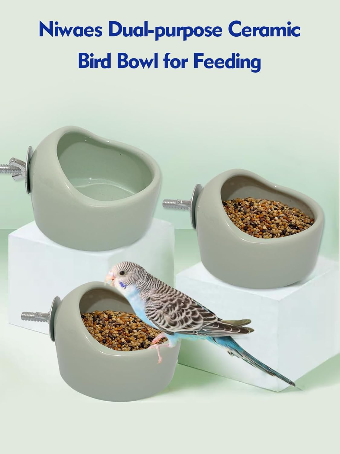 2PCS Birds Feeding Dish Cups Ceramic Bird Cage Food Bowls, Bird Cage Feeder Hanging Parrot Food Bowl for Budgie Finches Lovebirds Cockatiels (Green)