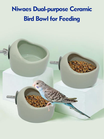 2PCS Birds Feeding Dish Cups Ceramic Bird Cage Food Bowls, Bird Cage Feeder Hanging Parrot Food Bowl for Budgie Finches Lovebirds Cockatiels (Green)