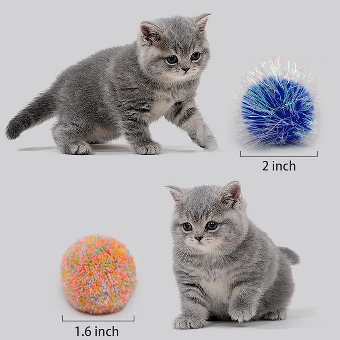Cat Balls Toy, Cat Pom Pom Sparkle Fuzzy Balls Without Bells 14 Pcs