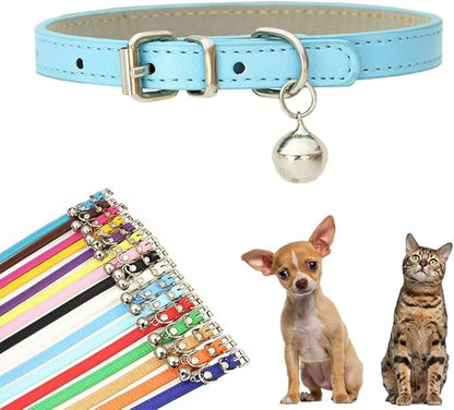 Light Blue XS Dog Collar with Bell, Faux Leather Cat Collar with Bells Pu Basic Boy Dog Collars for XXS XSmall Small Medium Pet Male Dogs Little Kitten Tiny Animal, X-Small