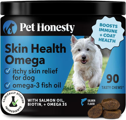 Pet Honesty Omega Skin Health Chews for Dogs, Alaskan Salmon Oil, Omega-3 Fish Oil, Krill, Spirulina, Omega-3s, Healthy Skin & Coat, Itchy Skin, Dog Allergies, May Reduce Shedding (90 Count)