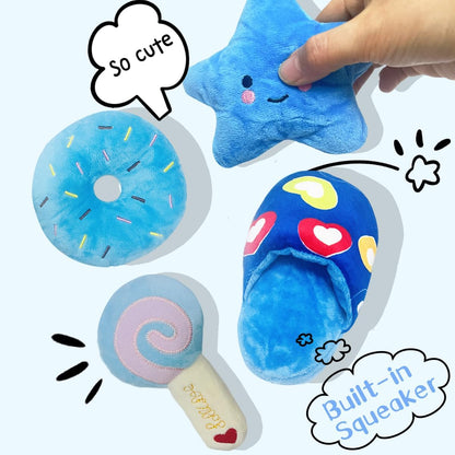 Dog Toys for Small Dogs, 4 Packs Cute Chew Toys for Puppy, Durable Soft Plush Interactive Small Dog Toys, Blue Stars Designs, Doggie Birthday Gifts