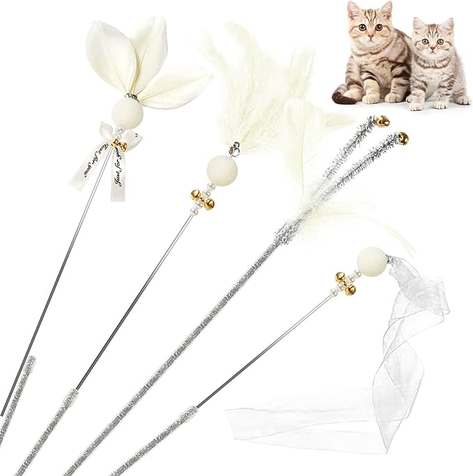 Interactive Cat Toys - 4-in-1 Cat Teaser Wand Toy and Feather Toys Refills for Indoor Cats to Chase and Exercise Design for Large and Small Cats