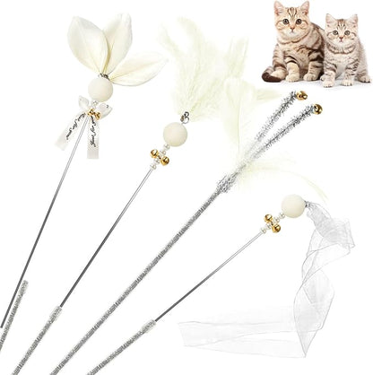 Interactive Cat Toys - 4-in-1 Cat Teaser Wand Toy and Feather Toys Refills for Indoor Cats to Chase and Exercise Design for Large and Small Cats