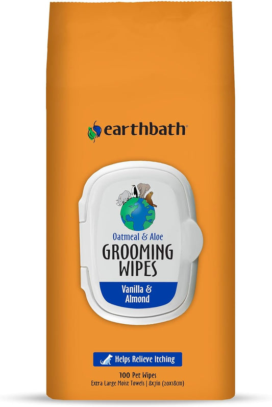 earthbath, Oatmeal & Aloe Grooming Wipes - Dog Wipes for Paws and Butt, Best Pet Wipes for Dogs & Cats, Helps Relieve Itchy & Dry Skin, Made in USA, Cruelty-Free - Vanilla & Almond 100 Count (1 Pack)