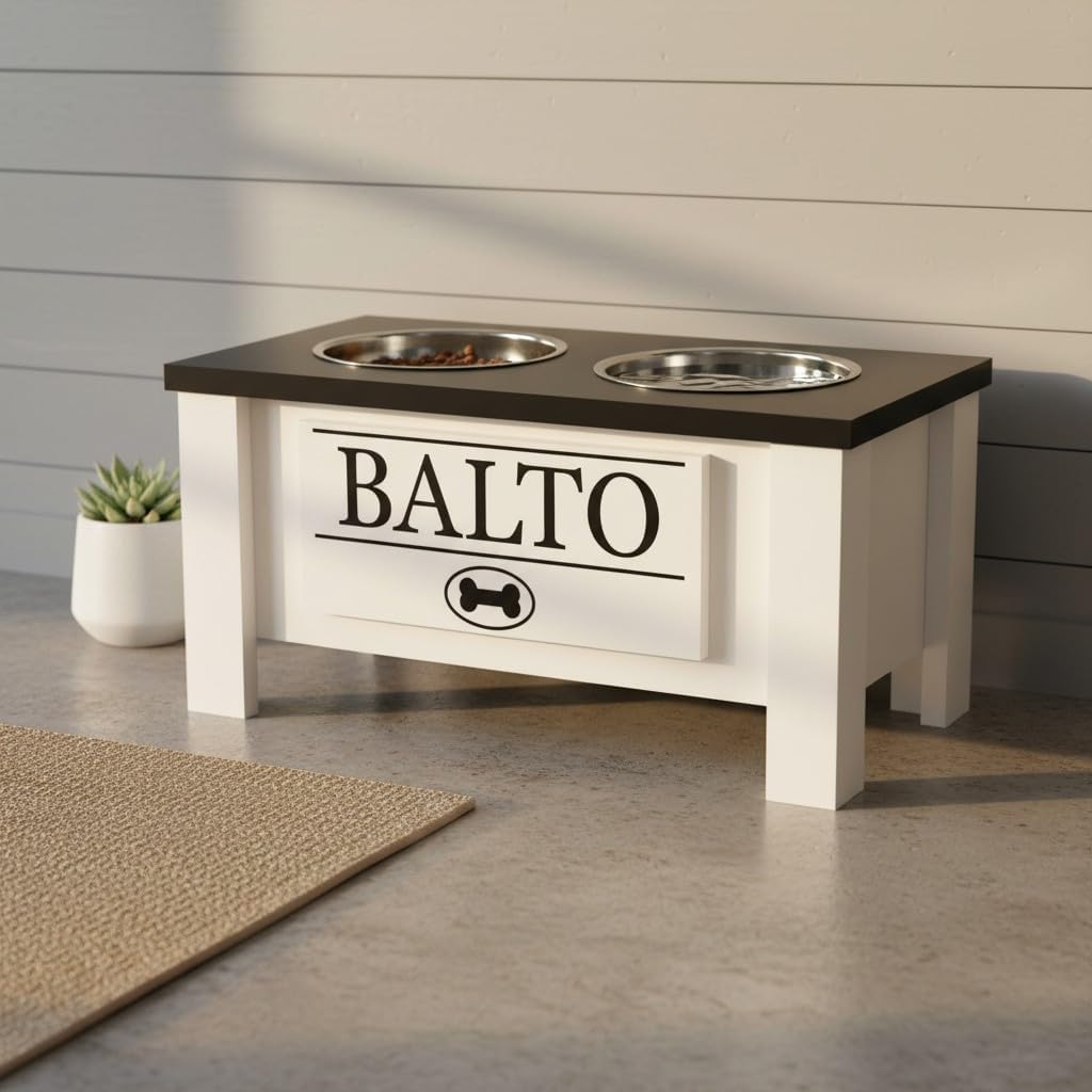 GrooveThis Woodshop - Personalized Elevated Dog Bowl Stand for Large, Medium, Small, X-Small Dogs - Stainless Steel Food and Water Bowls - Raised Dog Dish with Internal Storage (Medium, Black)