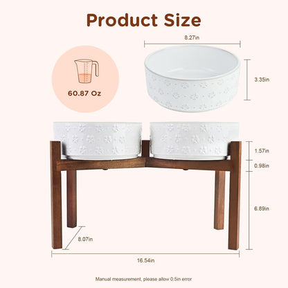 SPUNKYJUNKY Ceramic Dog Bowls with Acacia Wood Stand Raised Food and Water Bowl for Lage Dogs (21cm)
