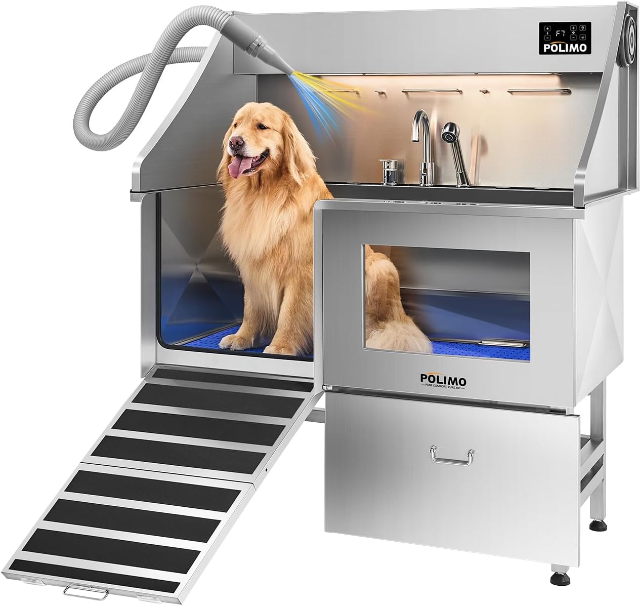 POLIMO Dog Washing Station with Pet Dryer & LED, Professional Dog Bathing Station for Large, Medium & Small Dogs – with Window, Ramp, Drawer, Floor Grate, LED Display & Faucet (Left Ramp & Dryer, 50")
