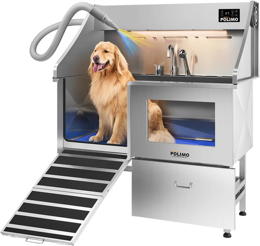 POLIMO Dog Washing Station with Pet Dryer & LED, Professional Dog Bathing Station for Large, Medium & Small Dogs – with Window, Ramp, Drawer, Floor Grate, LED Display & Faucet (Left Ramp & Dryer, 50")