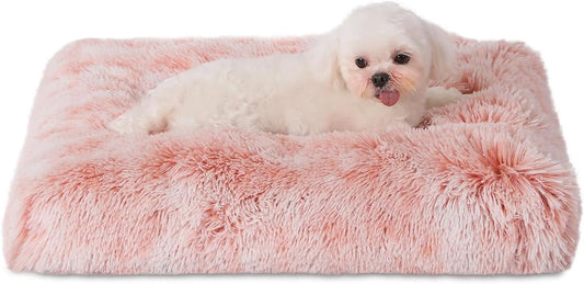 Bedfolks Waterproof Crate Bed, Plush Dog & Cat Bed with Washable Cover, Faux Fur Kennel Pad, 17"x12", Pink