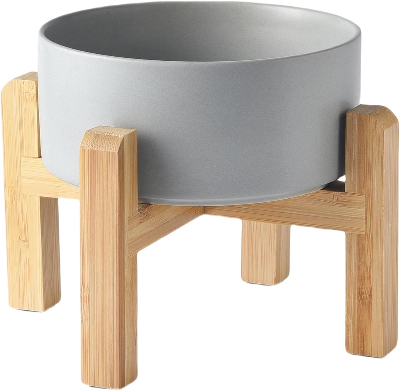 6'' Ceramic Raised Dog Bowl - 30Oz Dog Food & Water Bowl with Elevated Non-Slip Bamboo Stand, Dishwasher & Microwave Safe, Anti Vomiting Heavy Duty Pet Bowl for Small and Medium Dogs, Grey