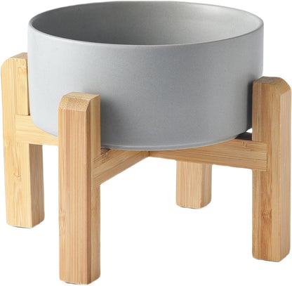 6'' Ceramic Raised Dog Bowl - 30Oz Dog Food & Water Bowl with Elevated Non-Slip Bamboo Stand, Dishwasher & Microwave Safe, Anti Vomiting Heavy Duty Pet Bowl for Small and Medium Dogs, Grey