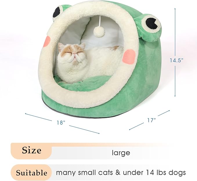 Jiupety Cute Cat Bed, Indoor Lovely Velvet Igloo for Cat and Small Dog, Warm Cave Sleeping Nest Bed for Puppy and Kitten, Green Frog, L