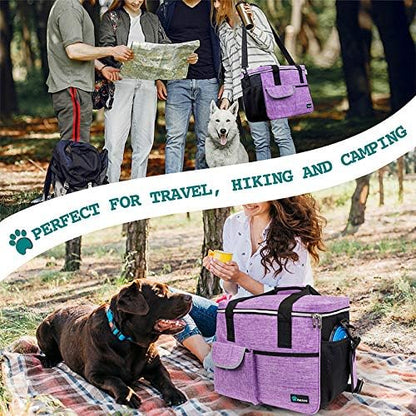 PetAmi Dog Travel Bag - Travel Pet Organizer with Food Container and Bowls, Perfect for Weekend Camping, Cat Diaper Bag (Purple, Medium)