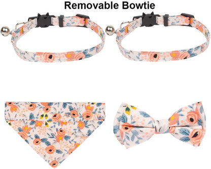 ADOGGYGO Floral Cat Collar with Bow Bandana, Removable Kitten Bowtie Scarf, Cute Flower Bow Bandana Collar for Cats Kittens