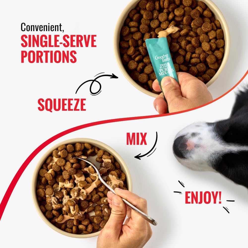 Good 'n' Tasty Triple Flavor Puree Mix-Ins Dog Food Topper Treats for All Dogs, 7 Count, Easy Single-Serve Portions, Added Protein with Tuna, Chicken and Duck
