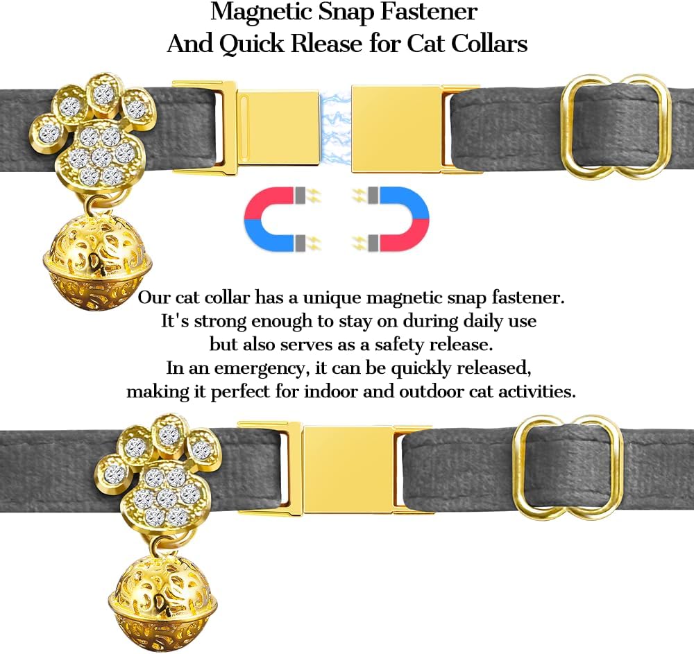 Personalized Breakaway Cat Collars - Magnetic Buckle, Bell - Safety Quick Release, Customized for Girls & Boys Cats- (Velvet-Grey)