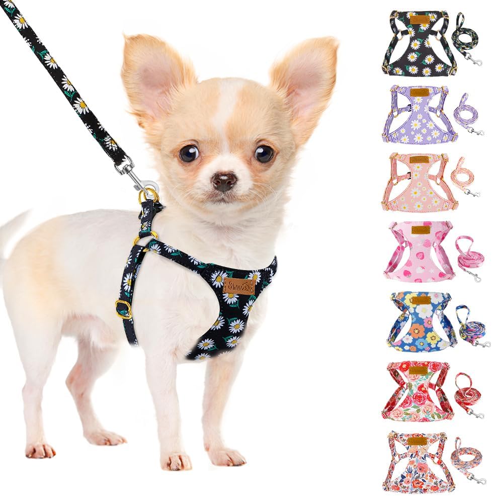 SlowTon No Pull Dog Harness with Leash - Soft Lightweight Floral Pattern Puppy Harness, Adjustable Pet Harness for Small Medium Dogs (Black Daisy M)