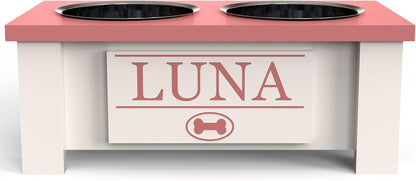 GrooveThis Woodshop - Personalized Elevated Dog Bowl Stand for Large, Medium, Small, X-Small Dogs - Stainless Steel Food and Water Bowls - Raised Dog Dish with Internal Storage (Small, Magenta)