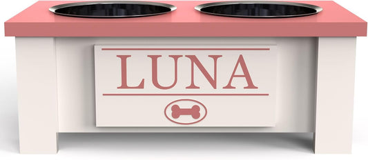 GrooveThis Woodshop - Personalized Elevated Dog Bowl Stand for Large, Medium, Small, X-Small Dogs - Stainless Steel Food and Water Bowls - Raised Dog Dish with Internal Storage (Small, Magenta)