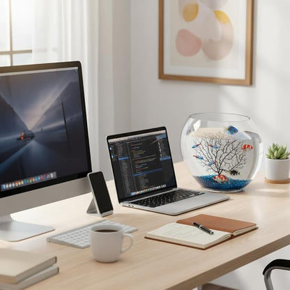 Okllen Mini Glass Fish Bowl, Oblate Small Fish Tank with Blue Aquarium Decor Sands and Plastic Coral Branch Tree Ornament for Betta Fish Aquarium, 1Gallon