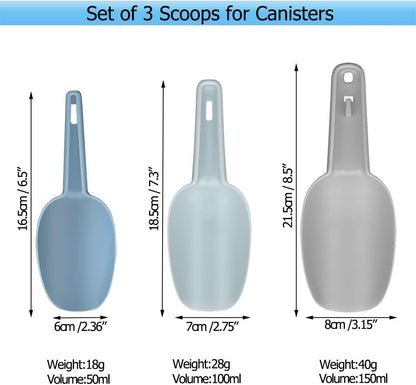 Flour Scoop Set of 3 for Canisters, Ice, Popcorn, Pet Food, Dry Goods, Coffee Beans, Candy - Plastic Scoops 1.7/3.4/5.1 oz