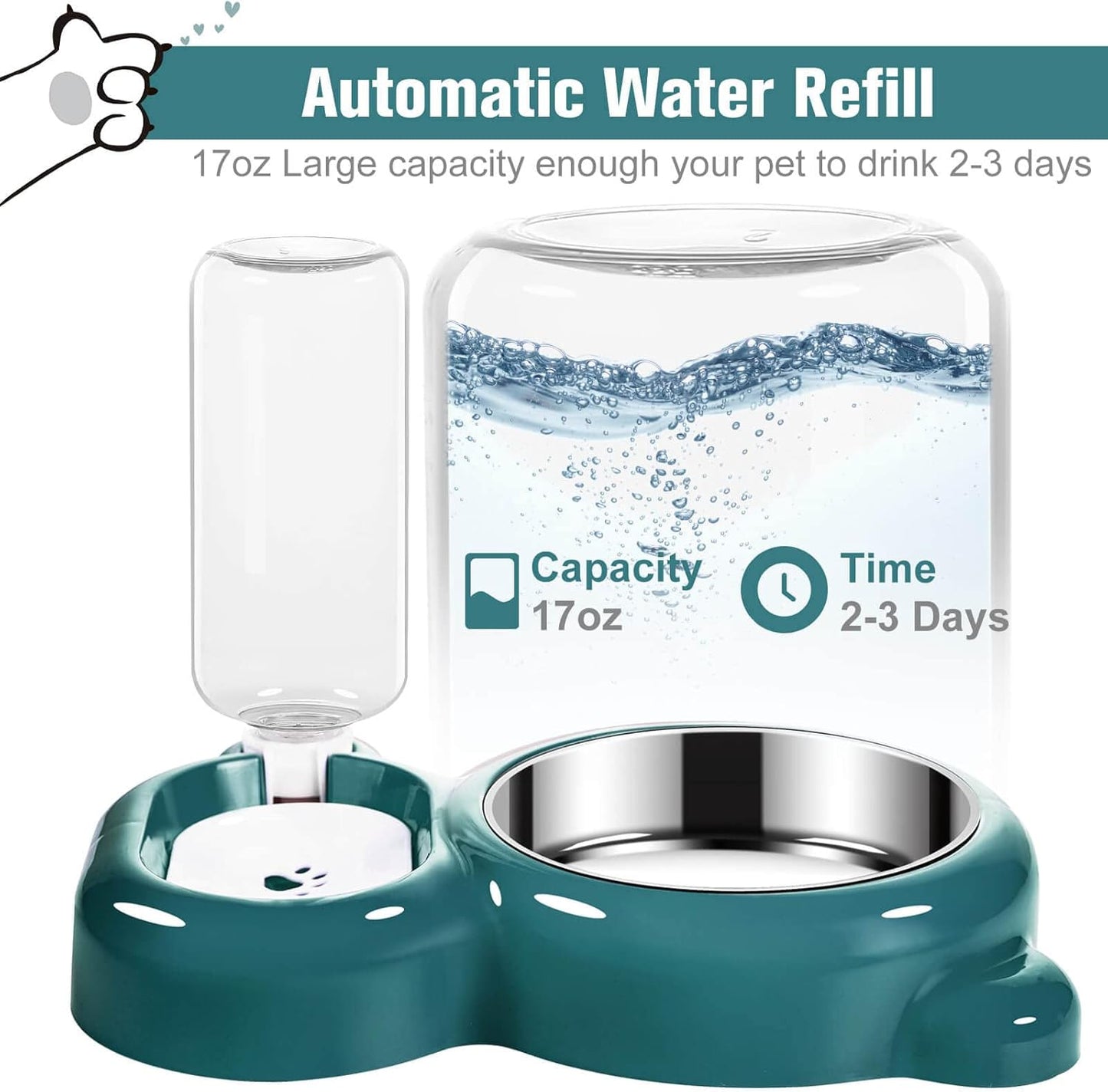 Dog Bowls, Cat Food and Water Bowl Set with Water Dispenser and Stainless Steel Bowl for Cats and Small Dogs - Dark Green