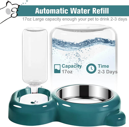 Dog Bowls, Cat Food and Water Bowl Set with Water Dispenser and Stainless Steel Bowl for Cats and Small Dogs - Dark Green