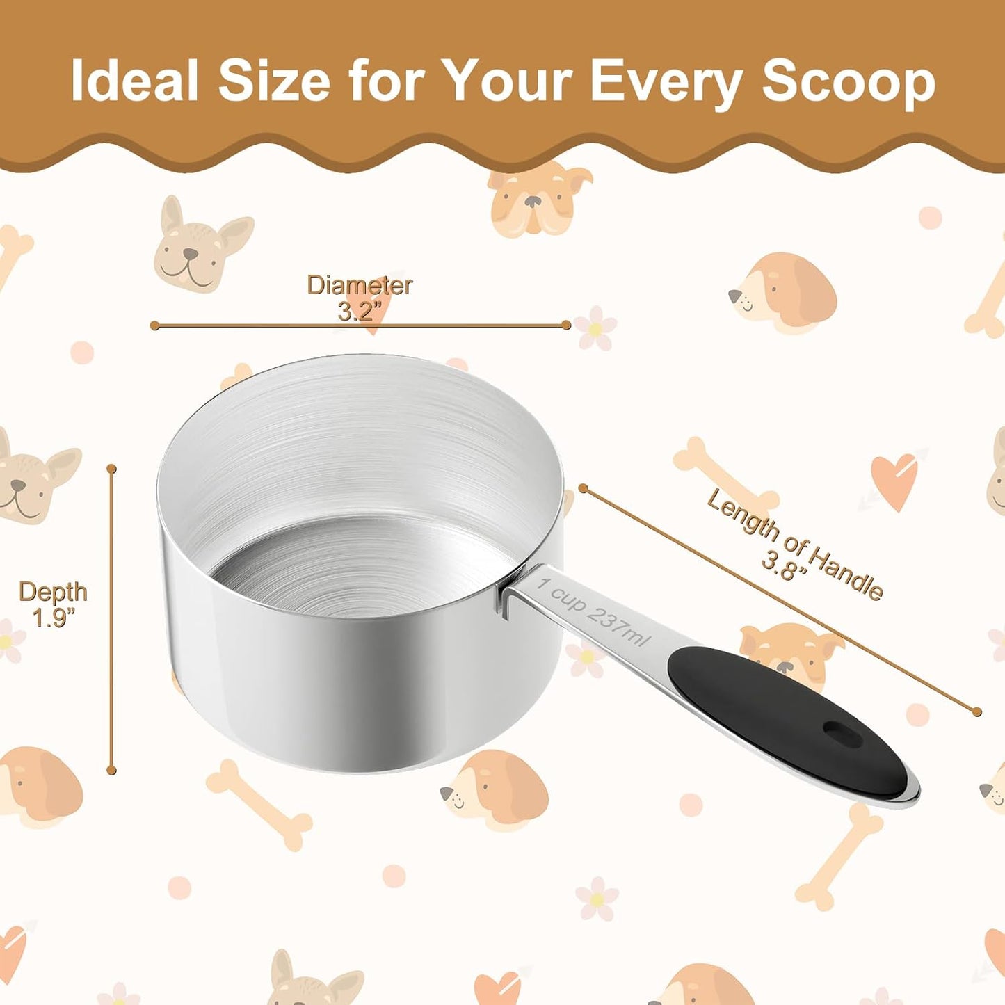 1 Cup Dog Food Scoop, Stainless Steel Scooper for Feeding Pet, Cat, Dog, Rabbit, Bird, Long Handle, Dishwasher Safe