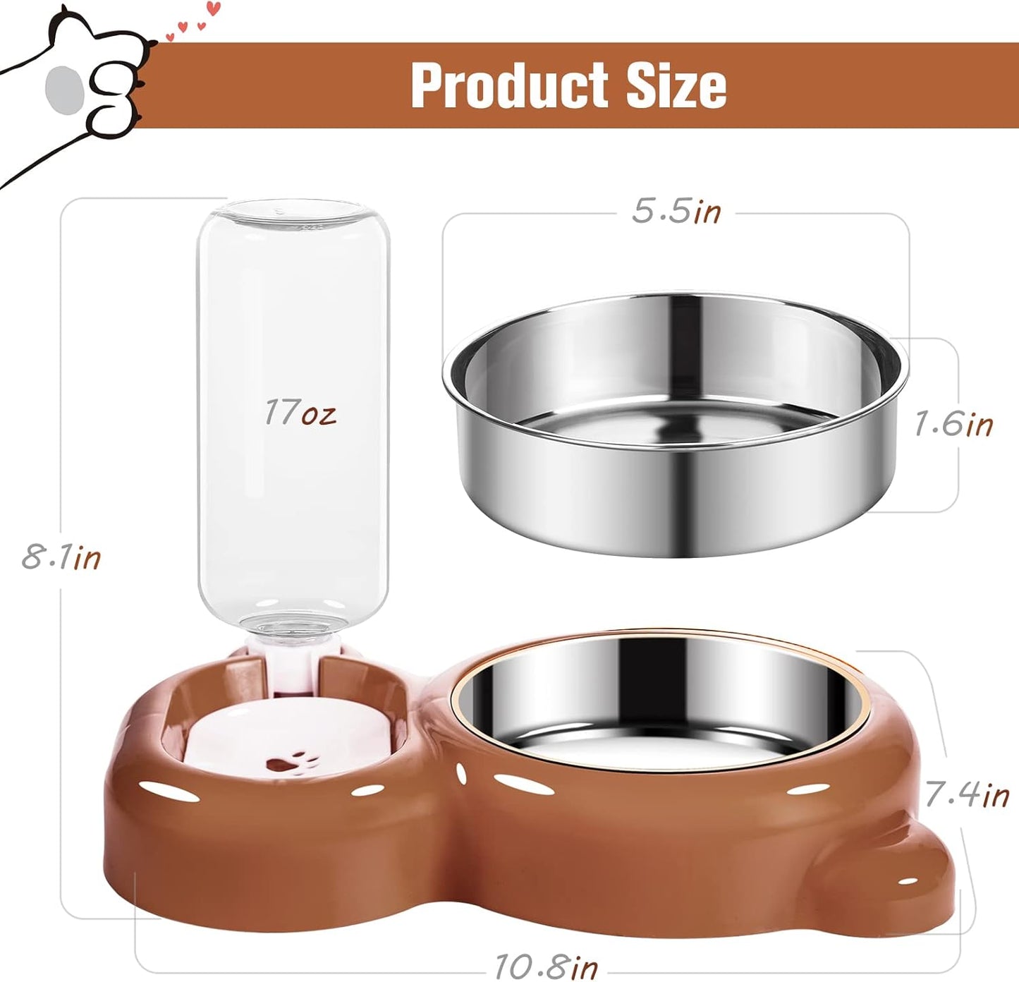 Dog Bowls, Cat Food and Water Bowl Set with Water Dispenser and Stainless Steel Bowl for Cats and Small Dogs - Brown