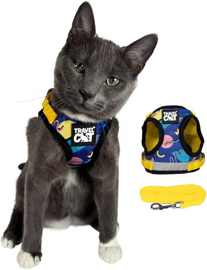 Travel Cat Harness and Leash Set - Adjustable Fit Harness and Reflective Strap - Comfort Walking Vest for Kitten for Outdoor Walking, Hiking (X-Small, 90s Cat)