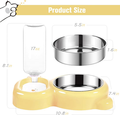 Dog Bowls, Cat Food and Water Bowl Set with Water Dispenser and Stainless Steel Bowl for Cats and Small Dogs - Yellow