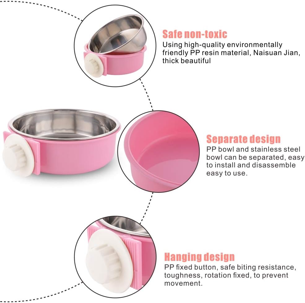 Crate Dog Bowl Removable Stainless Steel Water Food Feeder Bowls Cage Coop Cup for Cat Puppy Bird Pets (Large, Pink)
